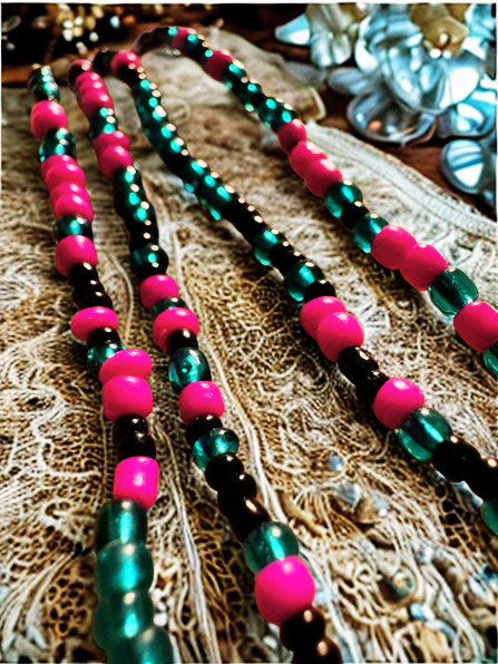 Finished bead piece — pink, teal, and black necklace